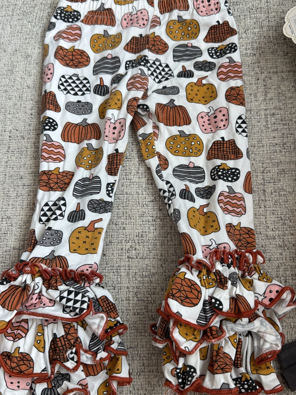 Girls Ruffle Hem Pumpkin Print Leggings - White with Pink, Orange, Mustard, Gray